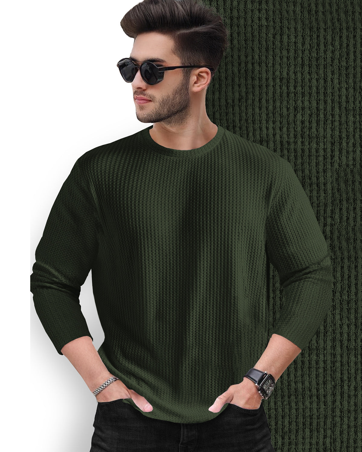 Olive Green Waffle T Shirt with Round Neck and Long Sleeve