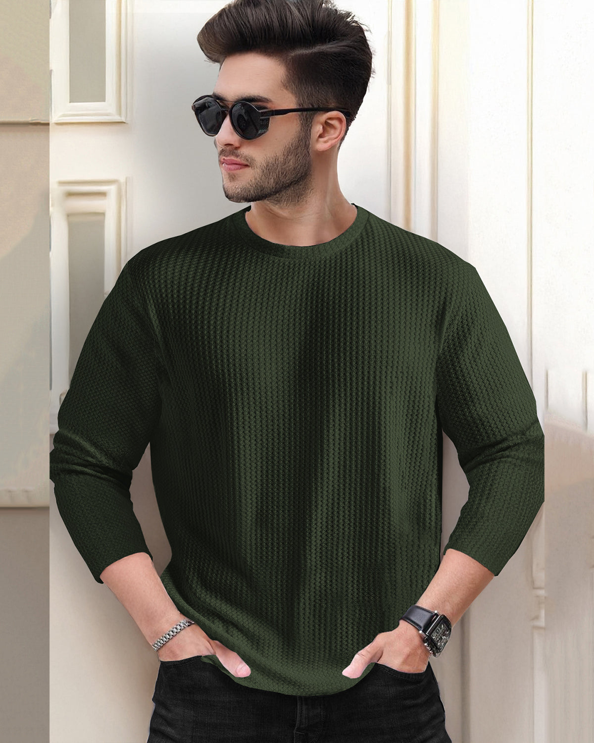 Olive Green Waffle T Shirt with Round Neck and Long Sleeve