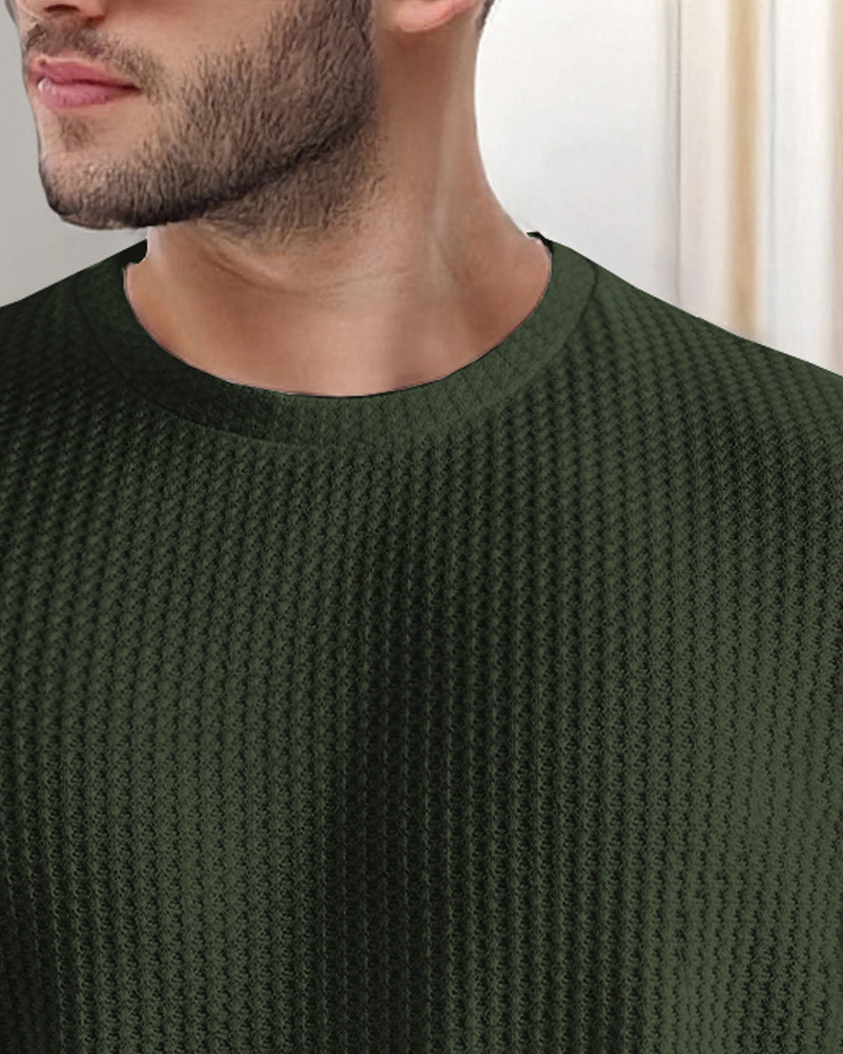 Olive Green Waffle T Shirt with Round Neck and Long Sleeve