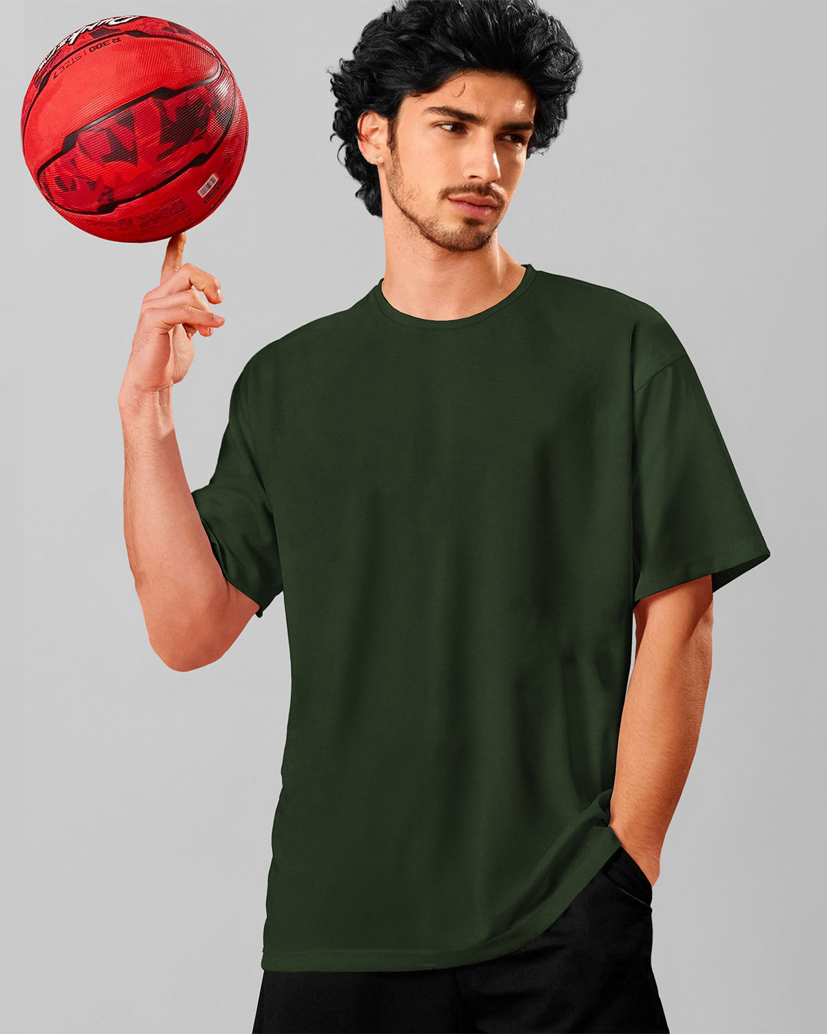 Olive Green Round Neck Solid Oversized T Shirt