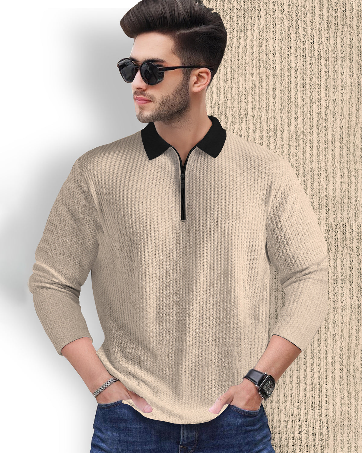 Beige Long Sleeve Polo Fit Waffle T Shirt