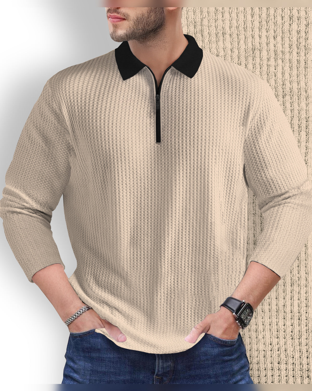 Beige Long Sleeve Polo Fit Waffle T Shirt