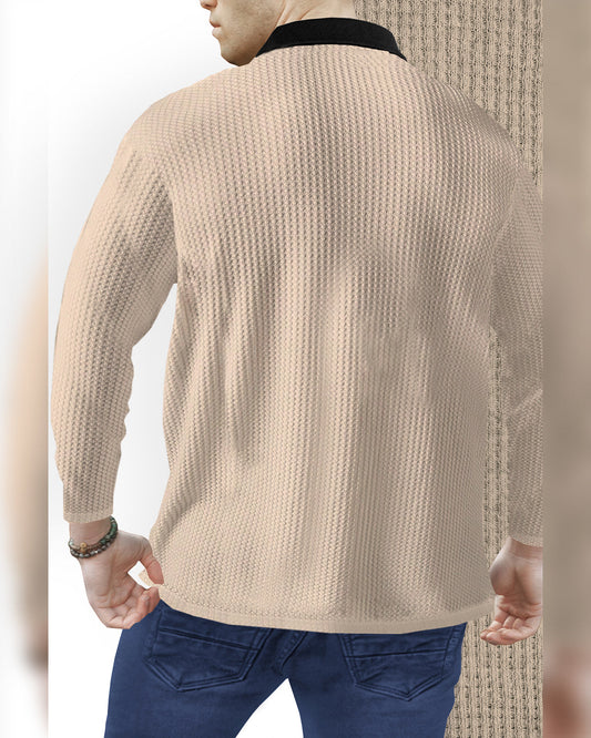 Beige Long Sleeve Polo Fit Waffle T Shirt