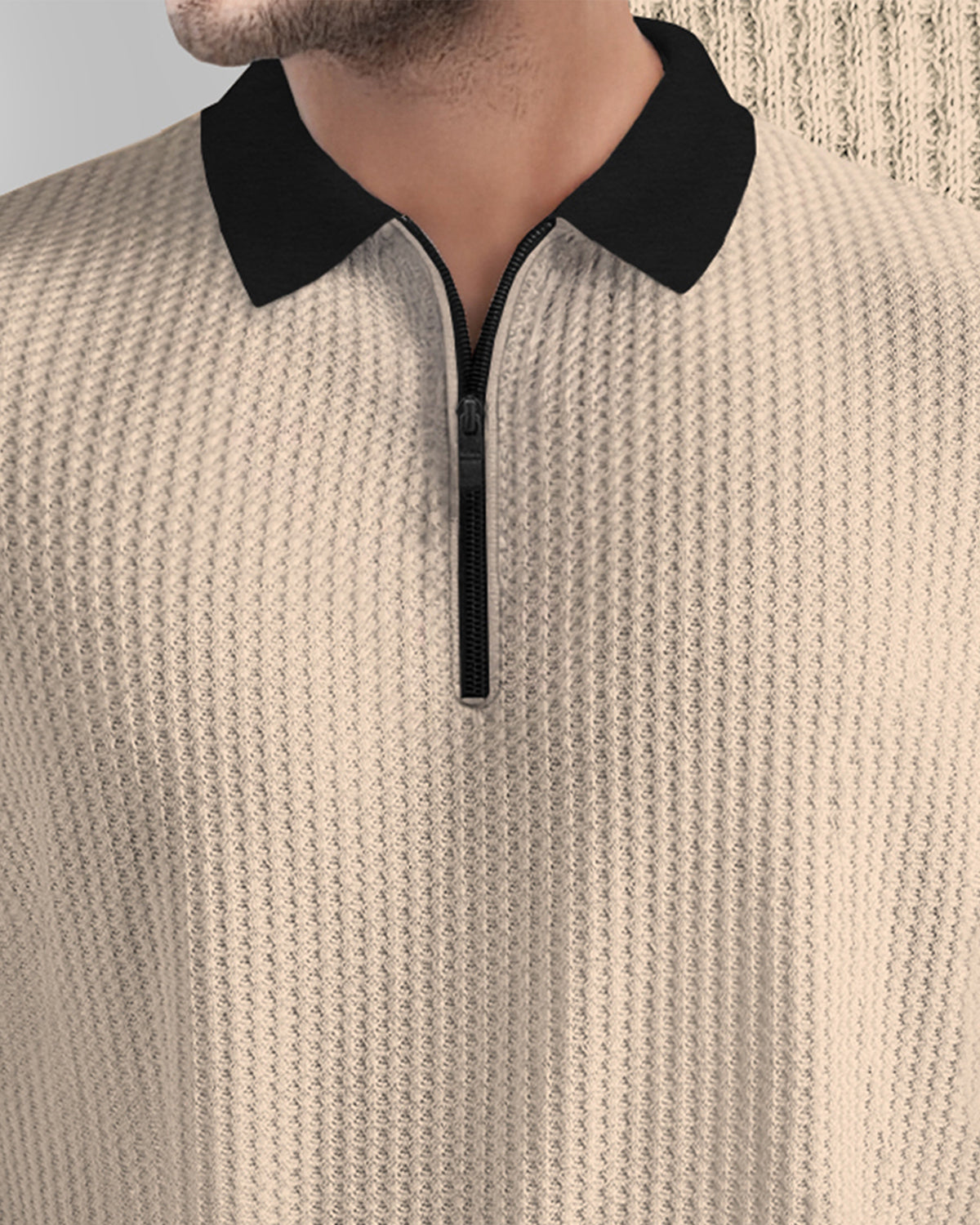 Beige Long Sleeve Polo Fit Waffle T Shirt