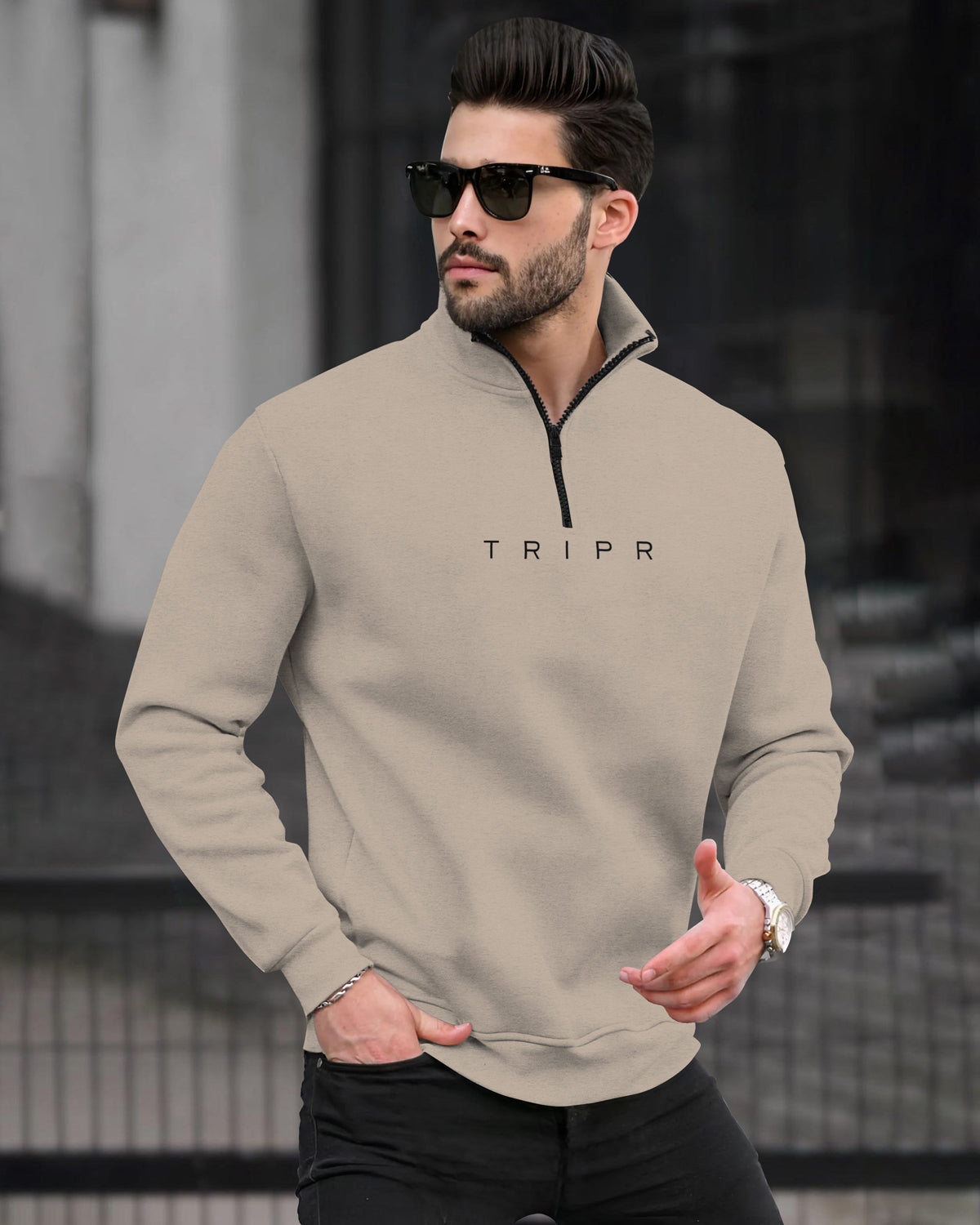 Beige Color Sweatshirt with High Neck Zipper
