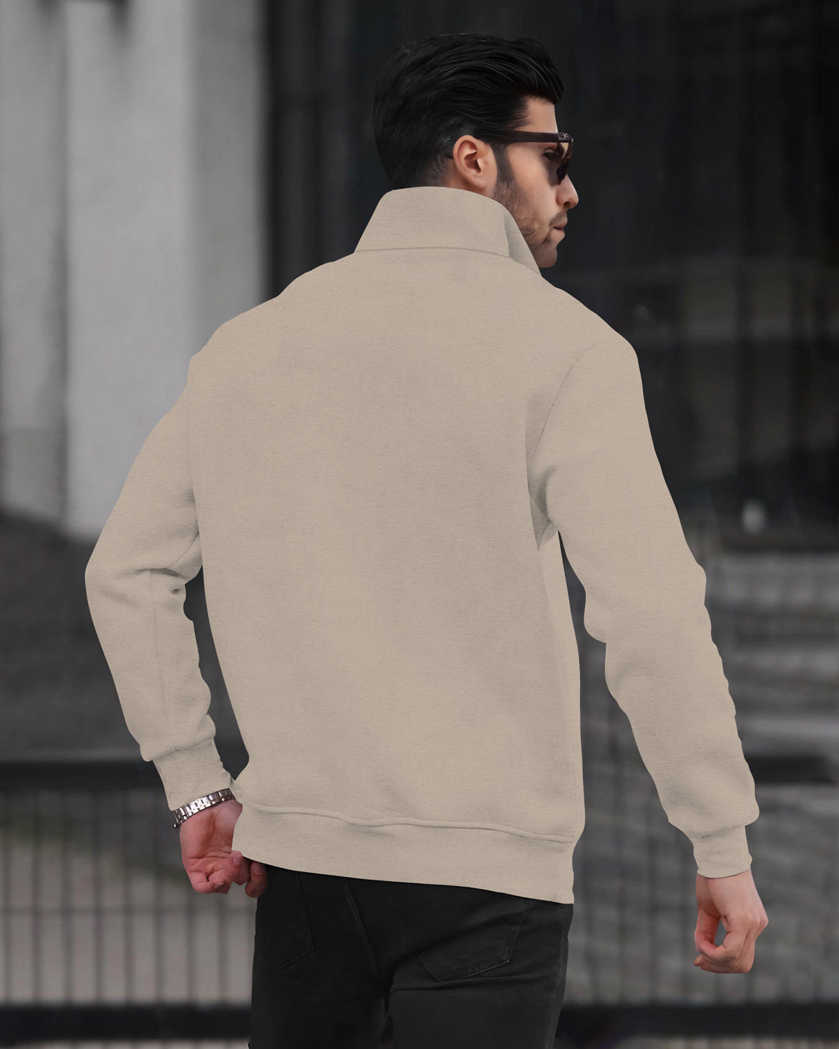 Beige Color Sweatshirt with High Neck Zipper