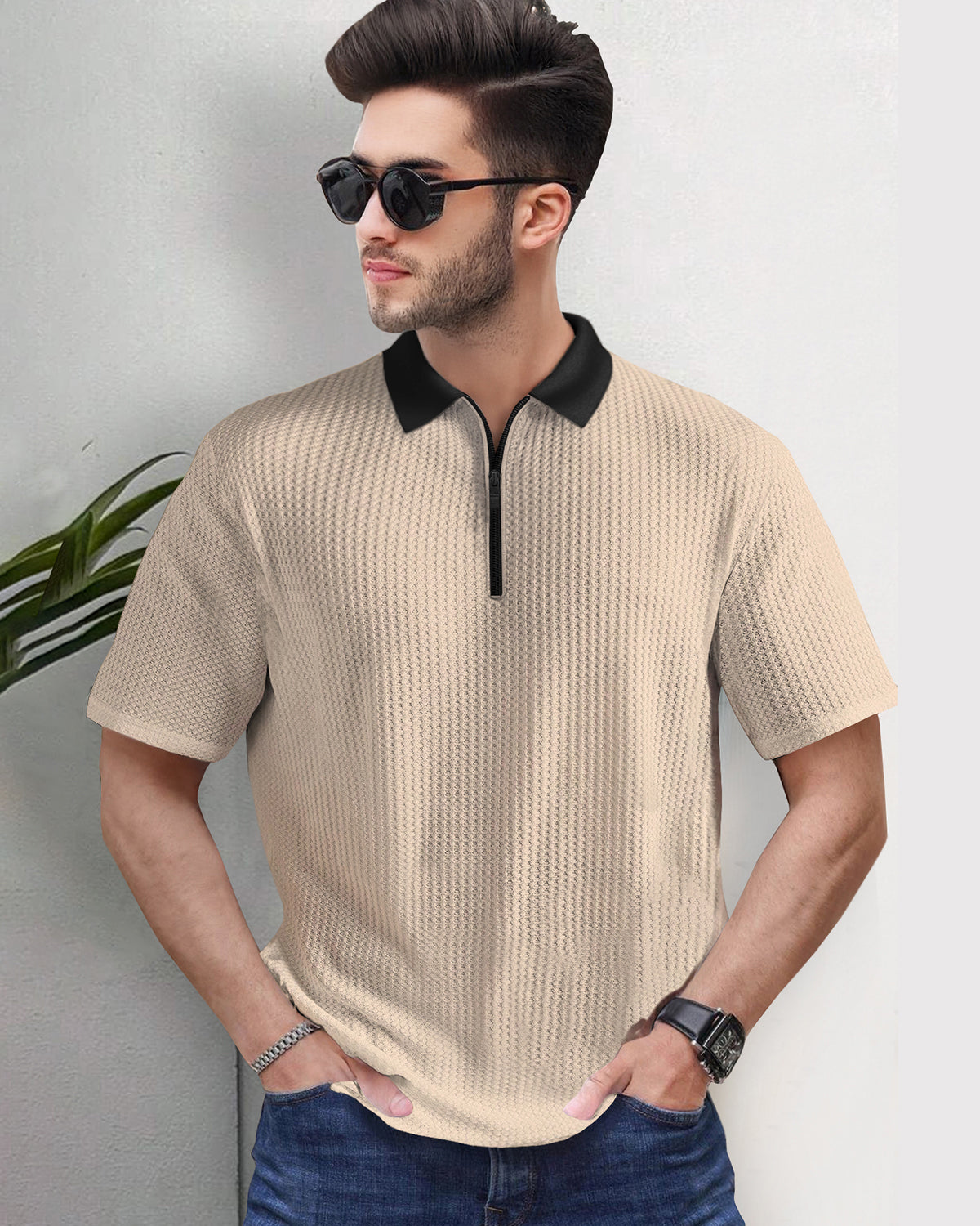 Short Sleeve Beige Waffle T Shirt with Polo Fit