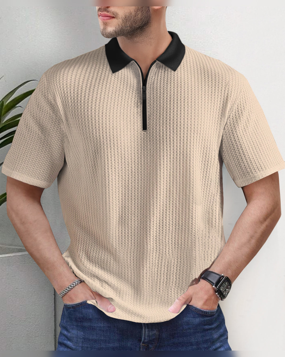Short Sleeve Beige Waffle T Shirt with Polo Fit