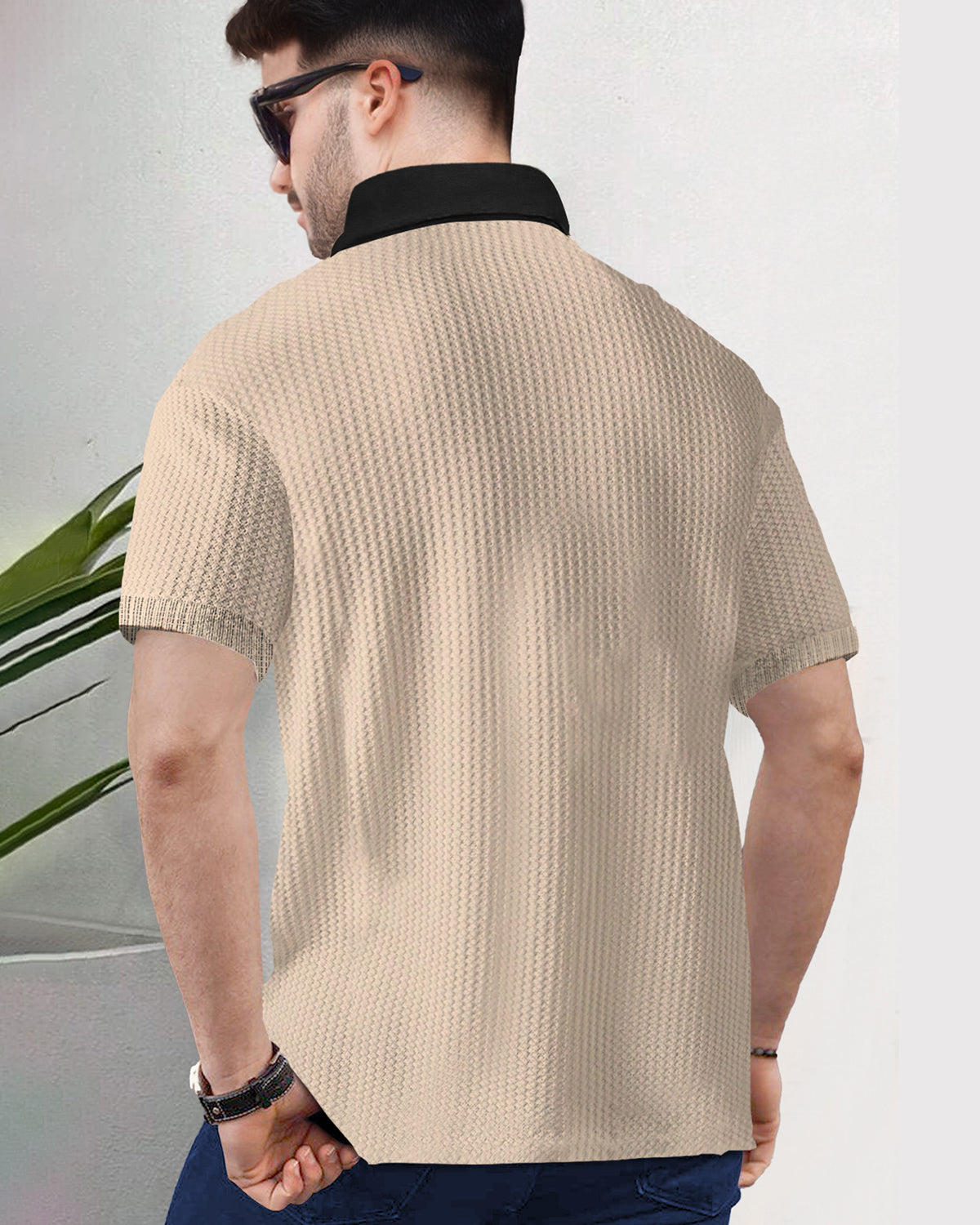 Short Sleeve Beige Waffle T Shirt with Polo Fit
