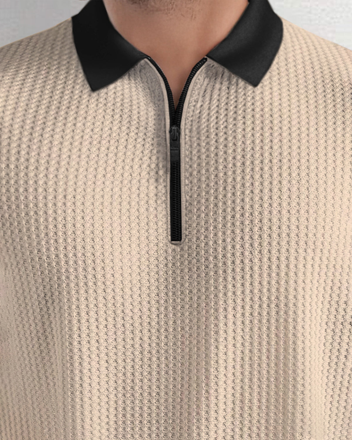 Short Sleeve Beige Waffle T Shirt with Polo Fit