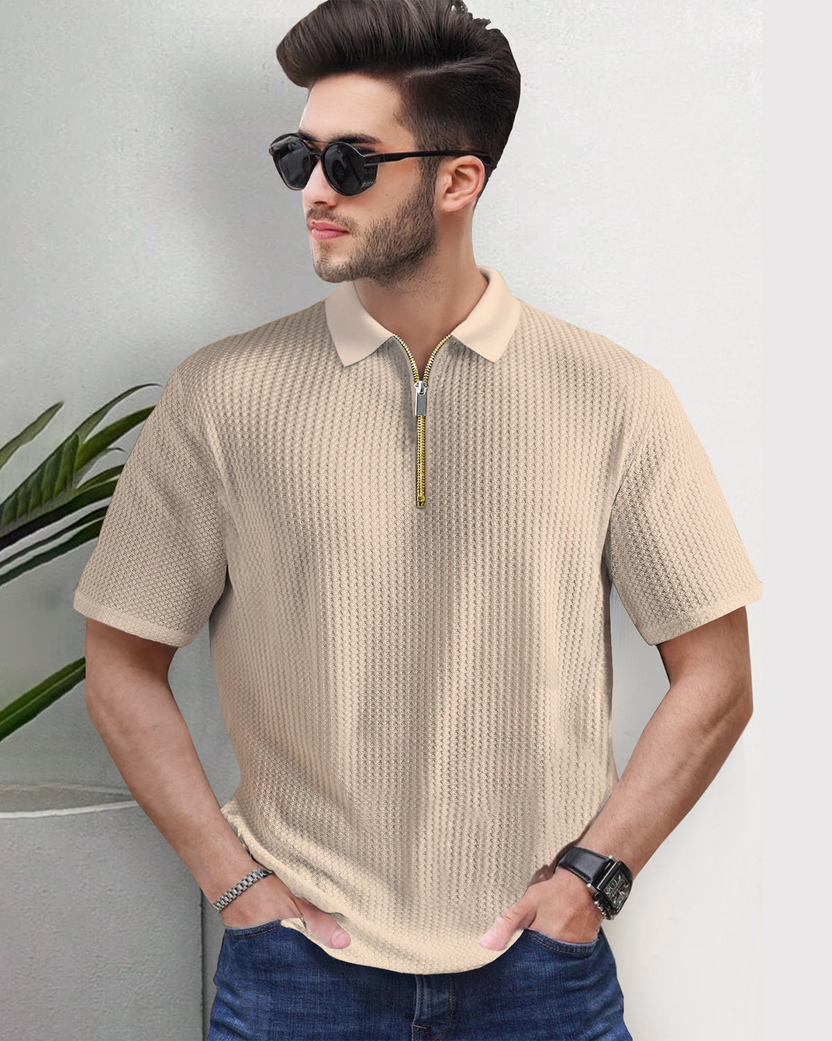 High Neck Zipper Short Sleeve Beige Waffle T Shirt with Polo Fit