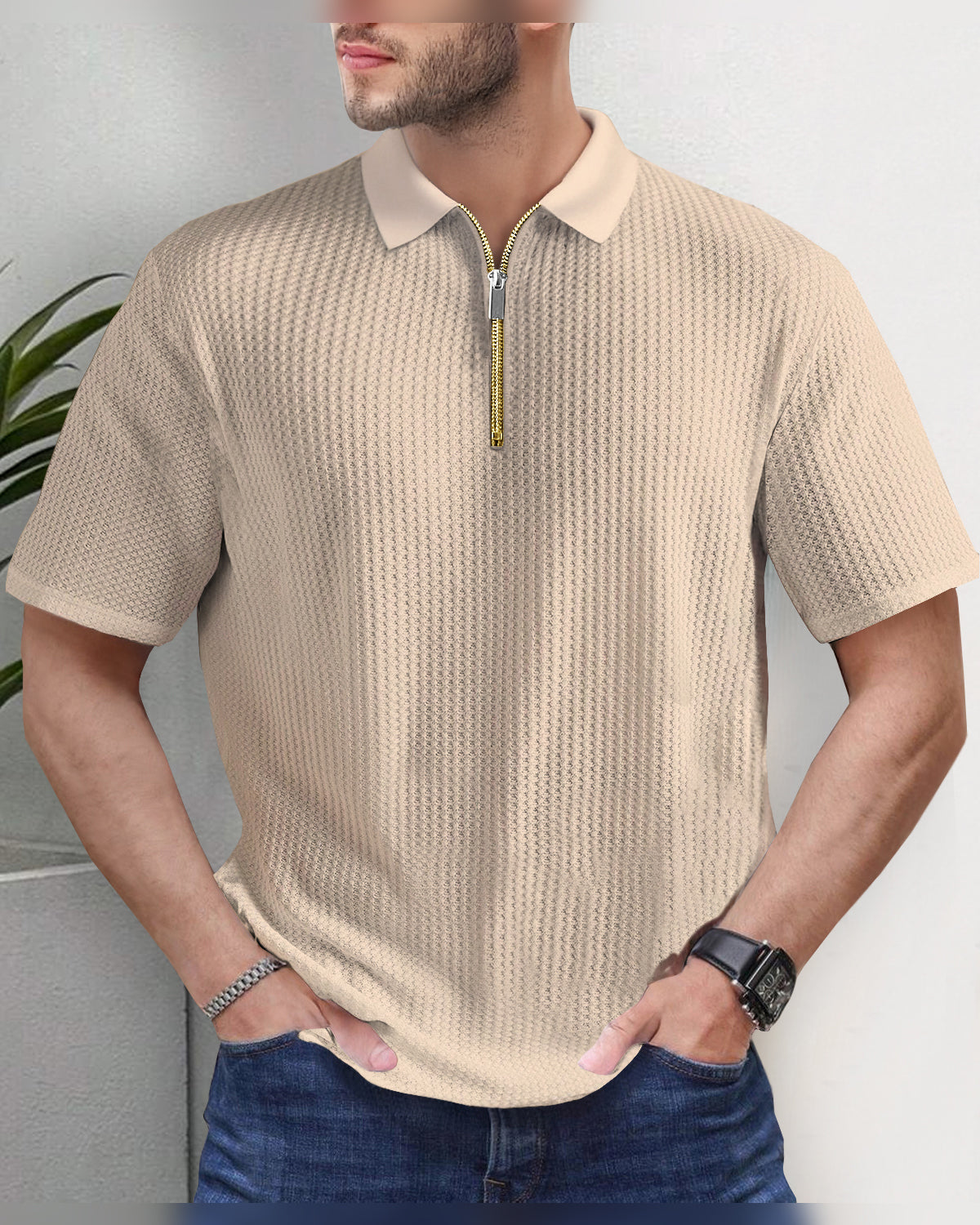 High Neck Zipper Short Sleeve Beige Waffle T Shirt with Polo Fit
