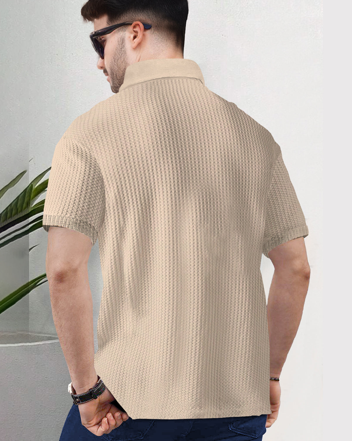 High Neck Zipper Short Sleeve Beige Waffle T Shirt with Polo Fit
