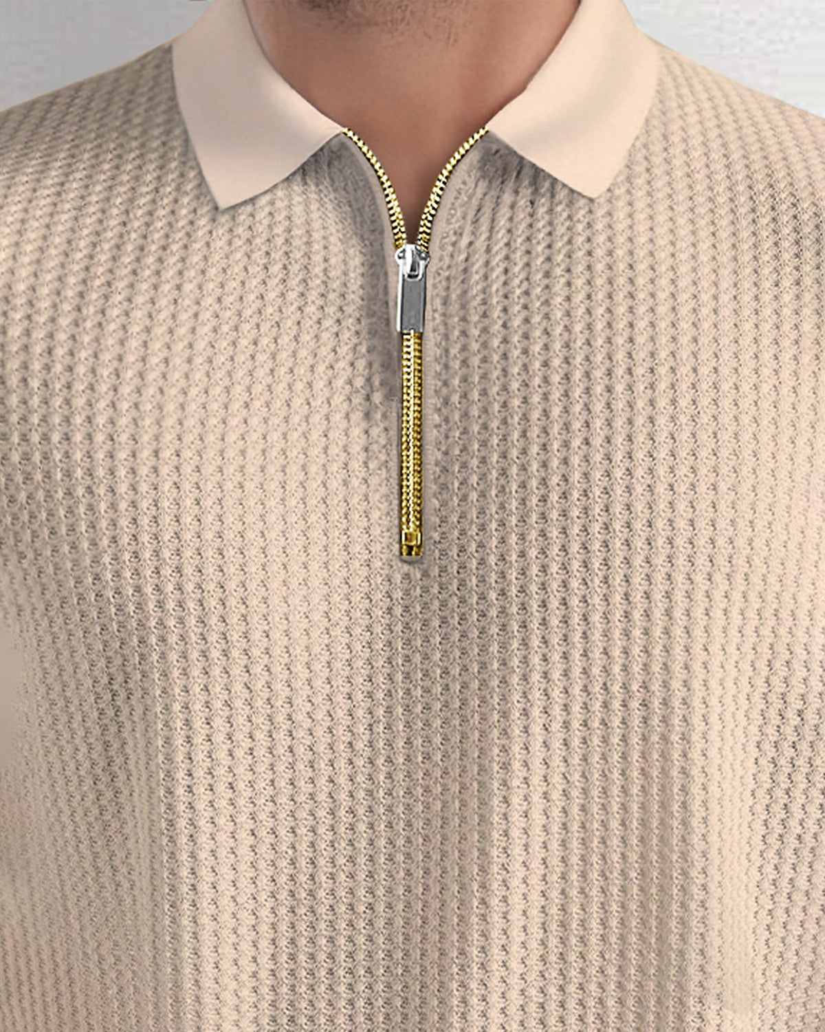 High Neck Zipper Short Sleeve Beige Waffle T Shirt with Polo Fit