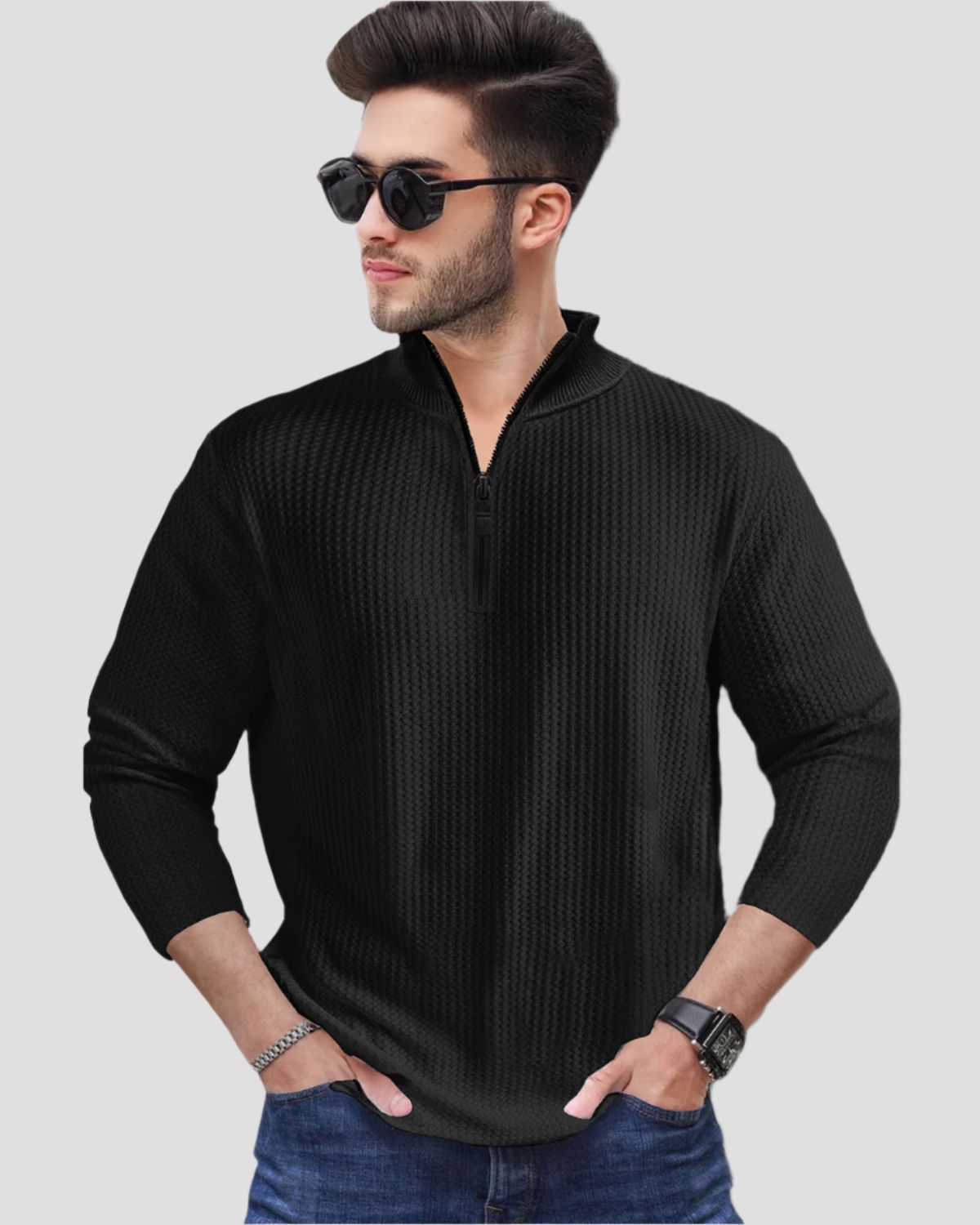 Waffle Long Sleeve High Neck Zipper T Shirt Black
