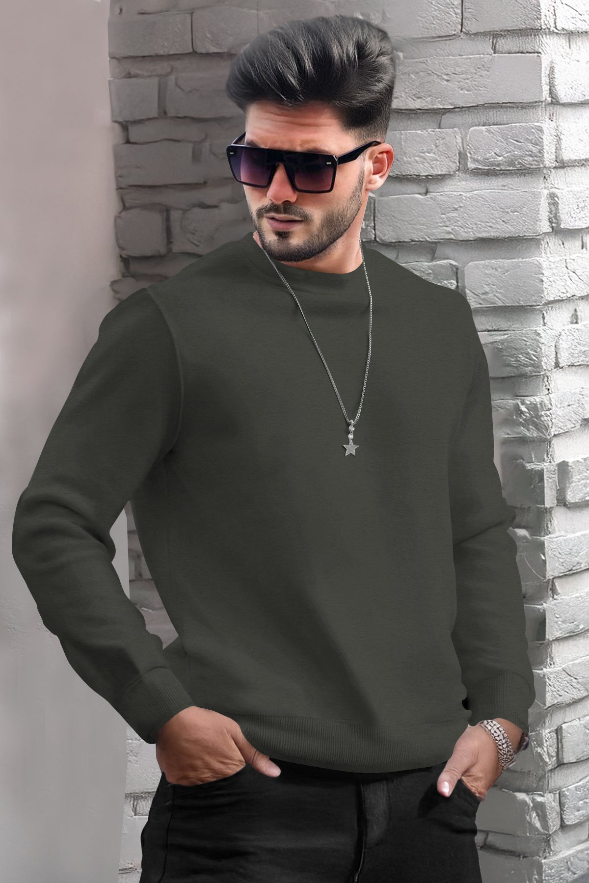 Casual Olive Green Plain Sweatshirt with Regular Fit