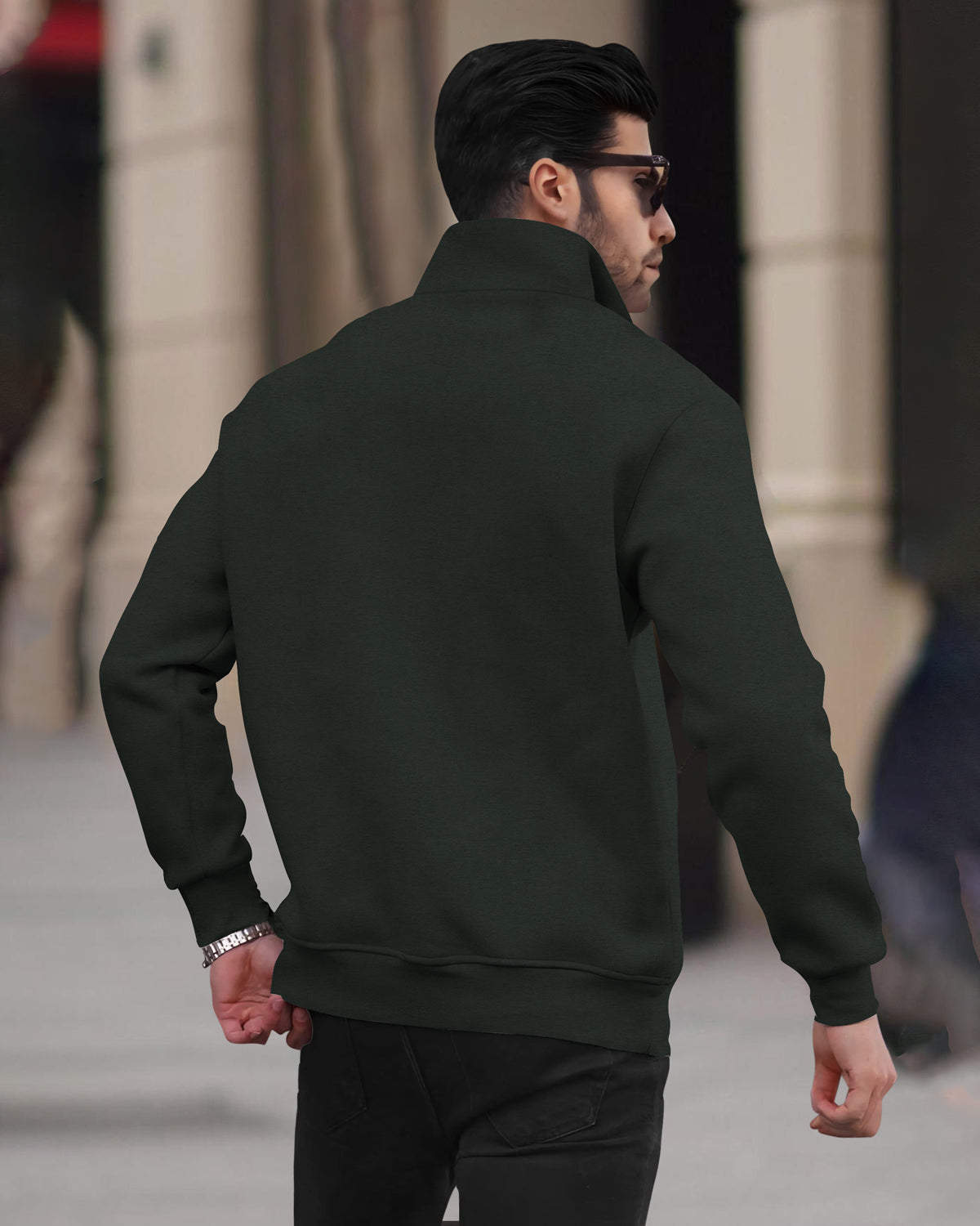 Olive Green Sweatshirt with Zipper High Neck