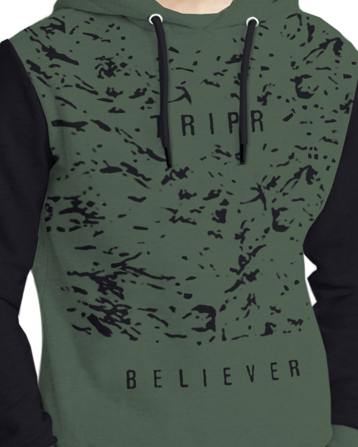 Olive Green Black Believer Printed Sweatshirt with Hooded