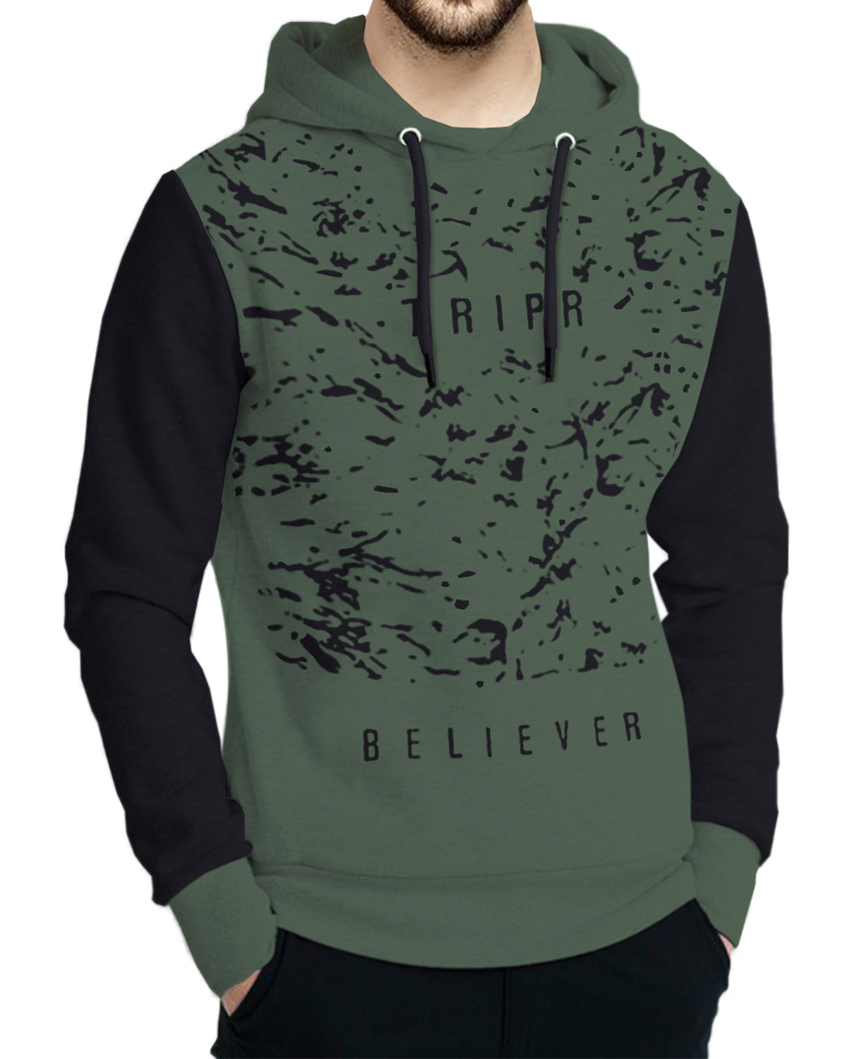 Olive Green Black Believer Printed Sweatshirt with Hooded