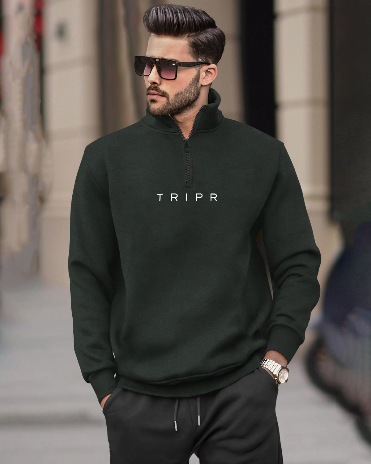 Olive Green Sweatshirt with Zipper High Neck