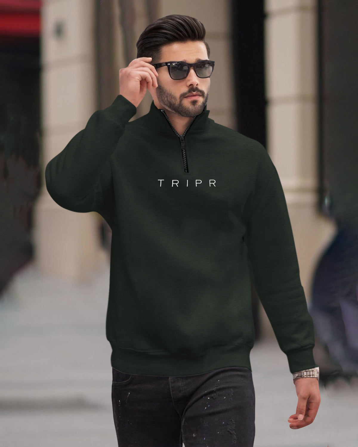 Olive Green Sweatshirt with Zipper High Neck
