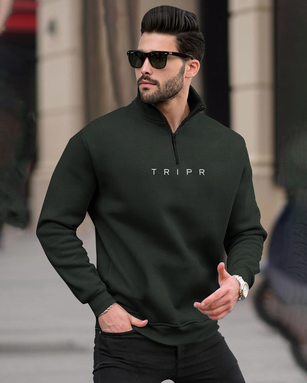 Olive Green Sweatshirt with Zipper High Neck