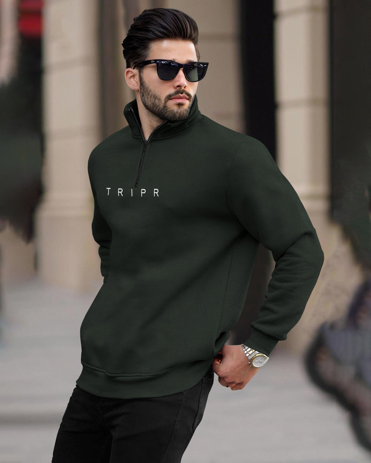 Olive Green Sweatshirt with Zipper High Neck