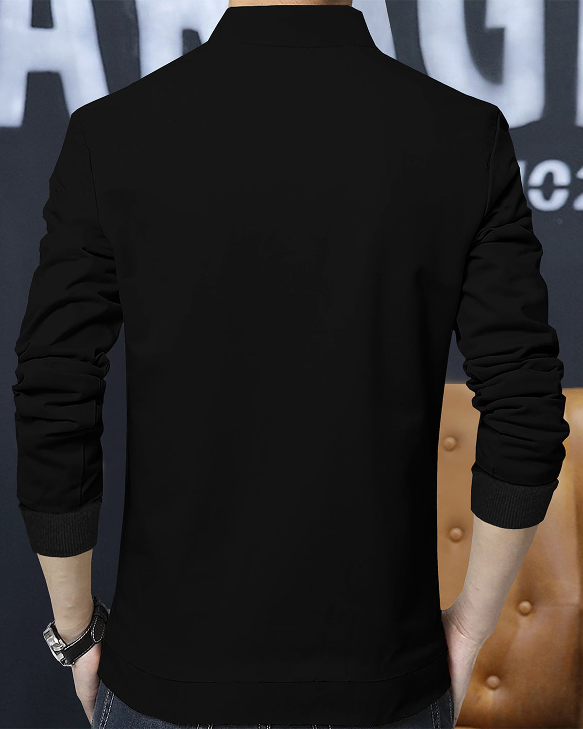 Golden Pattern Printed Black Jacket with Zipper