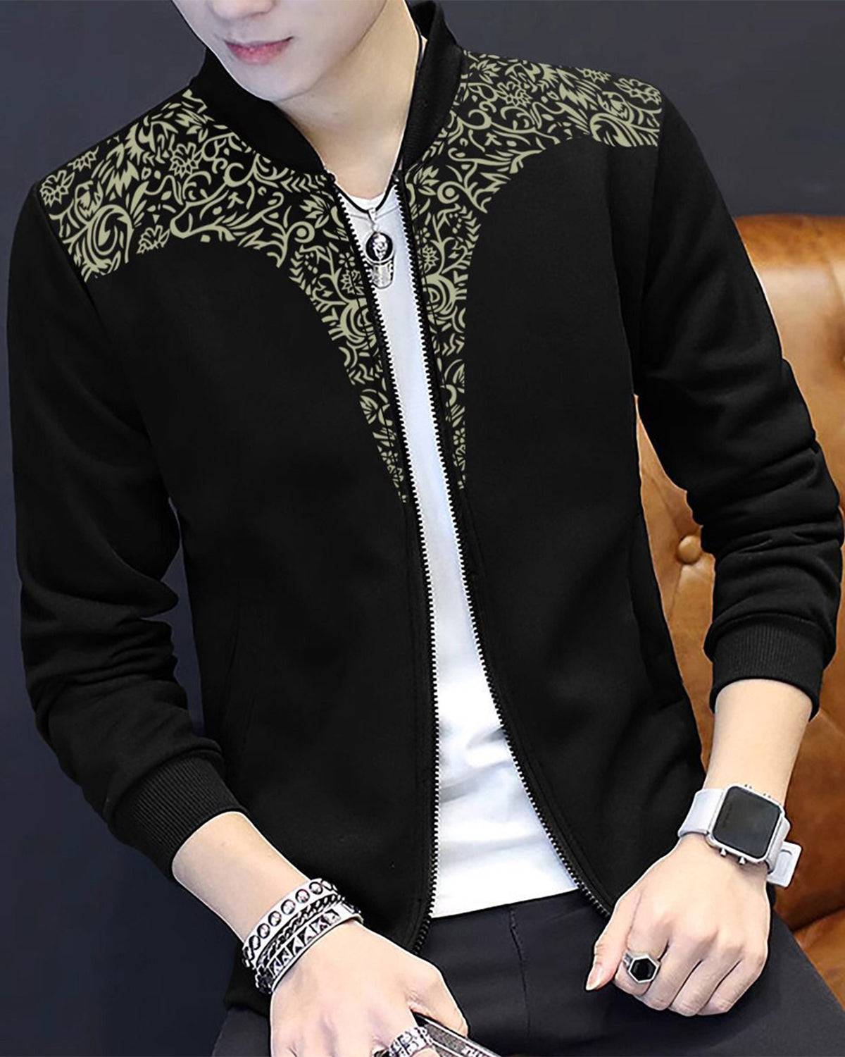 Golden Pattern Printed Black Jacket with Zipper