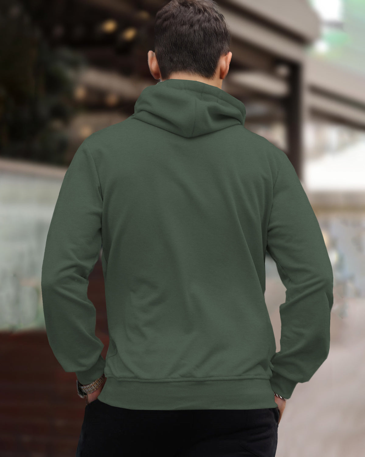 Olive Green Plain Hooded Sweatshirt with Side Pockets