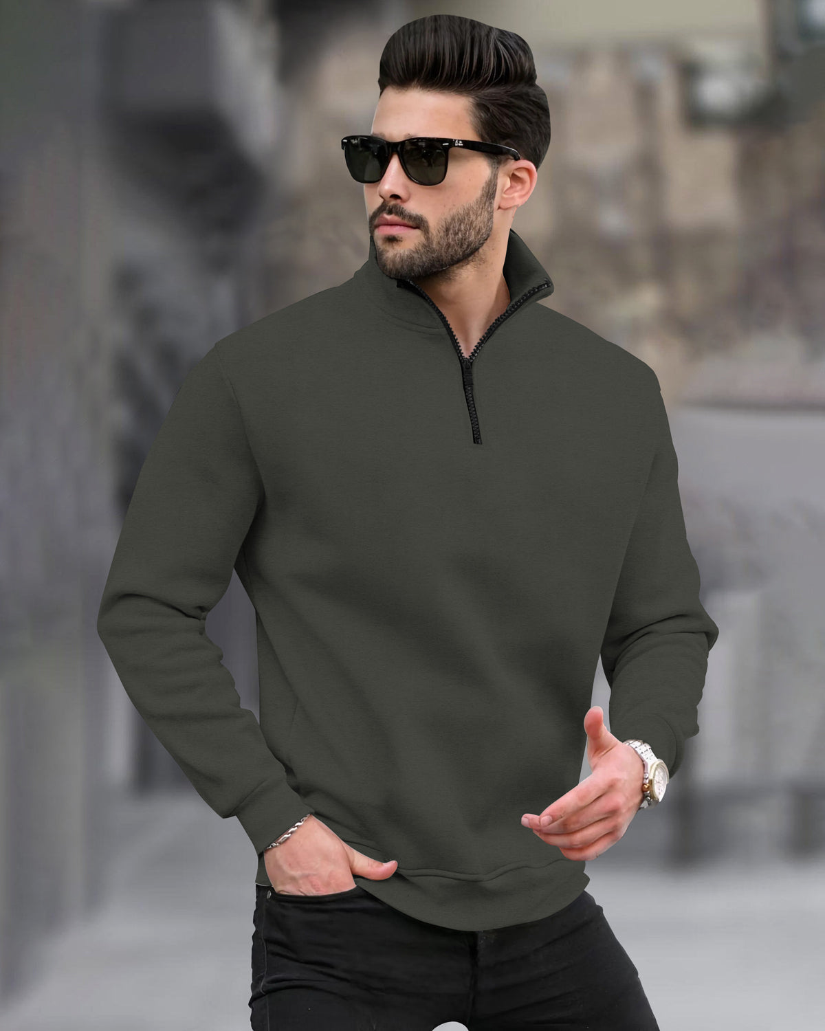Casual High Neck Zipper Olive Green Plain Sweatshirt