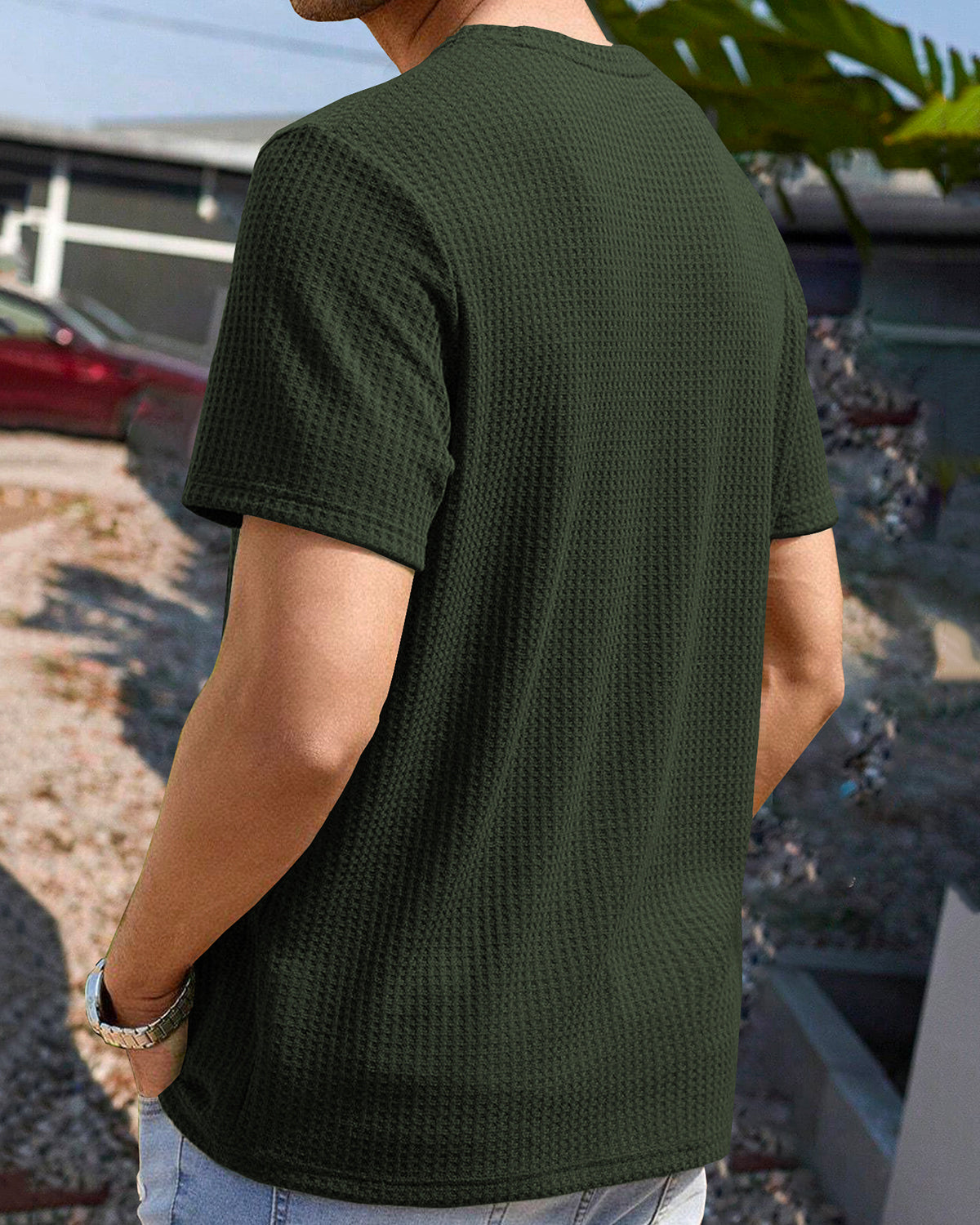 Olive Green Round Neck Waffle T Shirt Half Sleeve Plain