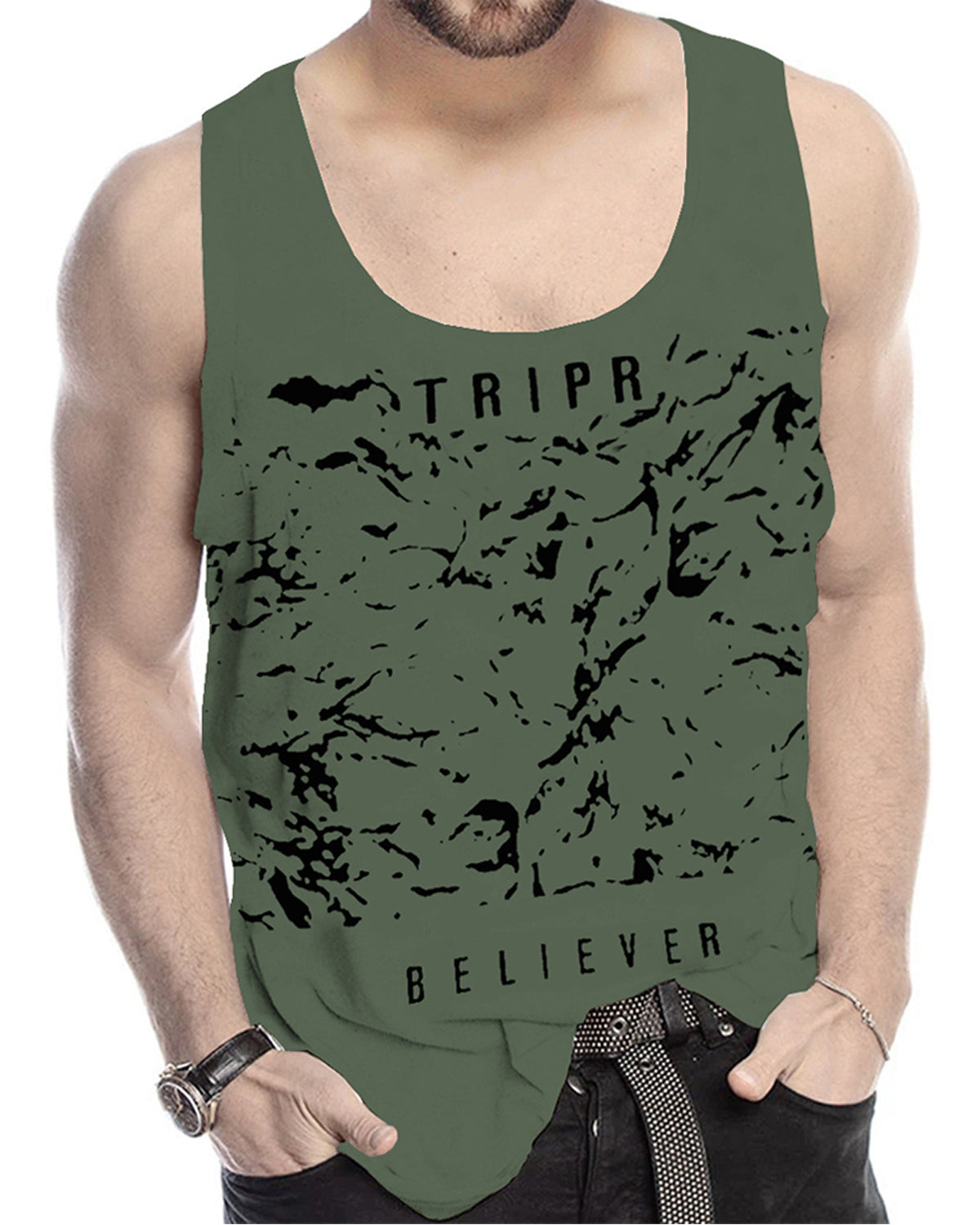 Olive Green Printed Sleeveless Vest
